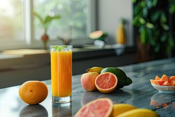 Ultra Quality Picture of Freshly Squeezed Juice in Glass and Fresh Fruit on Kitchen Table