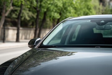 Obraz premium Close up of car hood and windshield trees in the background