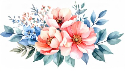 Coral flowers and soft blue green leaves watercolor botanical arrangement PNG illustration cut out hand drawn for stationery design on transparent background