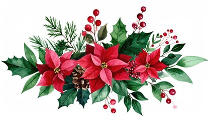 Red flowers and forest green leaves watercolor botanical bouquet PNG illustration cut out hand drawn for branding on transparent background