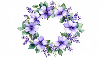 Purple flowers and emerald green leaves watercolor botanical wreath PNG illustration cut out hand drawn for home decor on transparent background