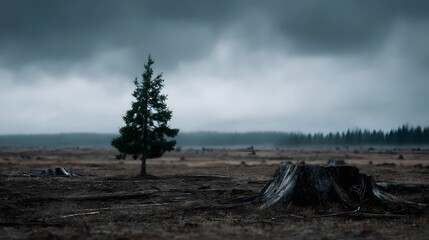 Obraz premium A lone tree stands among the stumps in a vast empty landscape under a dramatic sky