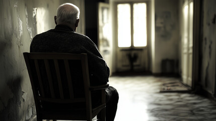 An elderly man sits alone in a chair, gazing toward a bright window, evoking themes of aging, solitude, and contemplation.