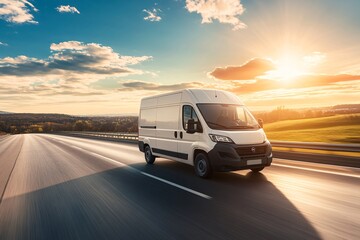 Obraz premium Speedy Delivery Van on Scenic Highway Reliable Transportation Services