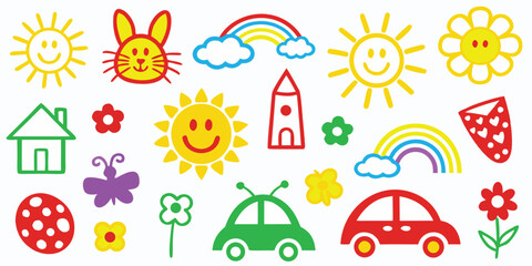 Vibrant chaotic collage of children s crayon drawings with bold colors