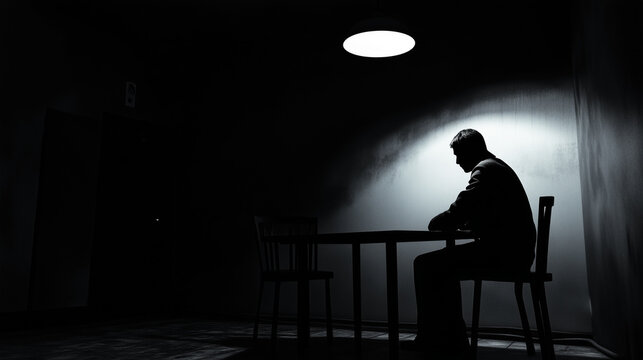 Man sits alone under a single light in a dark interrogation room.