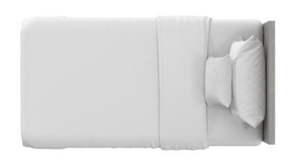 Top-down view of a minimalist single bed with a light wood headboard and clean white bedding, isolated. 3D render.