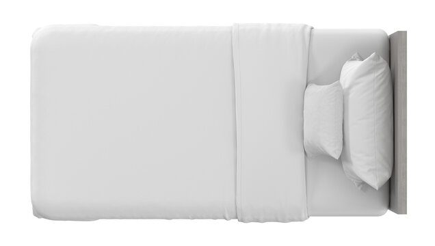 Top-down view of a minimalist single bed with a light wood headboard and clean white bedding, isolated. 3D render.