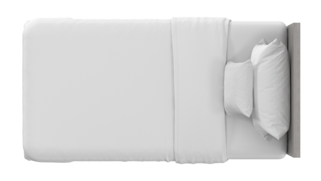 Top-down view of a minimalist single bed with a light wood headboard and clean white bedding, isolated. 3D render.