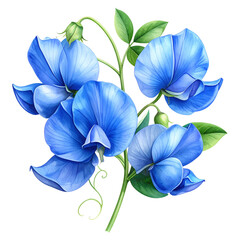 Fototapeta premium Watercolor Style Blue Sweet Pea Blooms with Green Vines, Transparent PNG Cutout