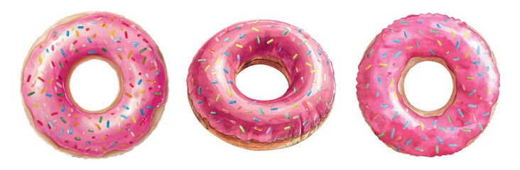 Watercolor set of pink donuts png. Donuts with pink glaze and colored sprinkles. Trendy fast food sweets. Elements for pastry shop, bakery, cafe, etc. Vector illustration.