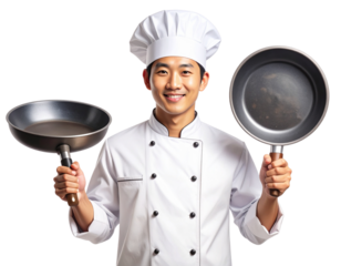  Set Watercolor Portrait of Smiling Chef with Frying Pan in Hand – Transparent PNG.