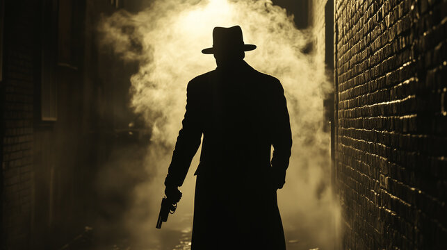 Mysterious man in a fedora and trench coat holds a gun while standing in a smoky alleyway.