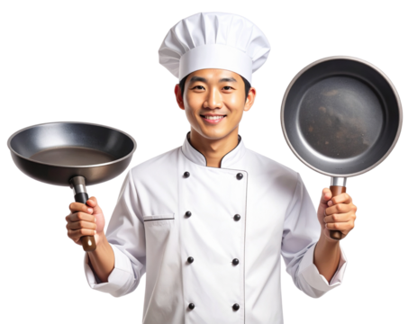  Set Watercolor Portrait of Smiling Chef with Frying Pan in Hand – Transparent PNG.