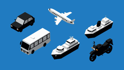 Isometric illustration of various modes of transportation on a vibrant blue background