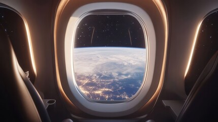 Airplane window view of Earth with city lights shining through the clouds
