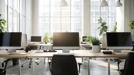 Fototapeta premium Modern office workspace with sleek desks, laptops and digital screens