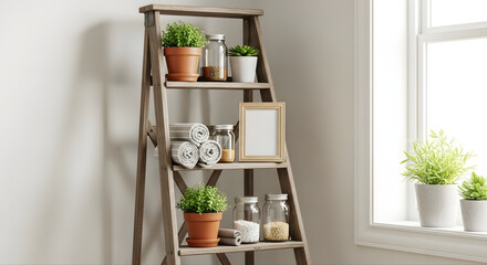 Wooden ladder styled as a shelf, holding potted plants, cloths, jars, and a vintage picture frame. Placed in a cozy corner with sunlight from the side window. 