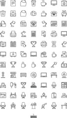 Office icon set, line style symbols, trash can, folder, document, coffee cup, computer, printer, telephone, calculator, lamp, trophy, chair, clipboard