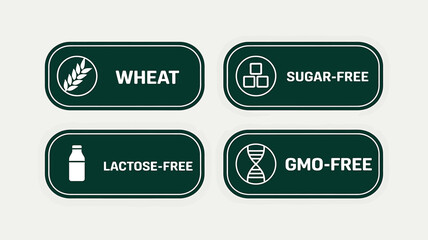 Four green rounded rectangle icons indicating dietary information for food products