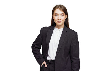 Professional young woman confidently posing in a modern business suit, showcasing professionalism...
