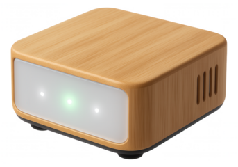 Eco-friendly bamboo-finished smart hub, suitable for energy management in an eco-conscious residential cottage.