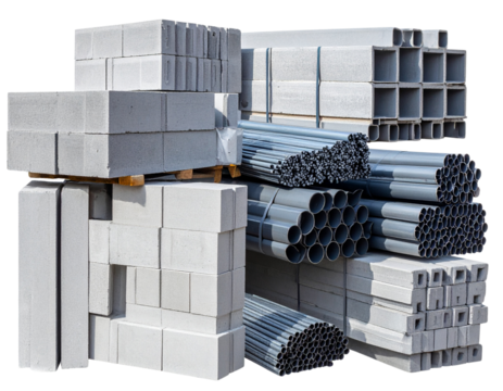  Stacked Construction Material Types Concrete Blocks, Pipes, and Steel Rods – Transparent PNG.