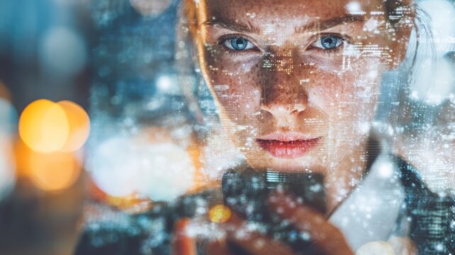 Businesswoman with smartphone and virtual holograms in futuristic cityscape - Powered by Adobe