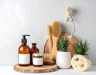 A serene collection of natural skincare products and plants, showcasing beauty and wellness on a minimalist wooden tray.