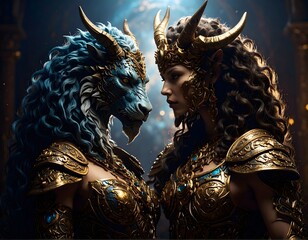 Fantasy art featuring a majestic beast and a powerful warrior, rich in detail and adorned with intricate golden armor.