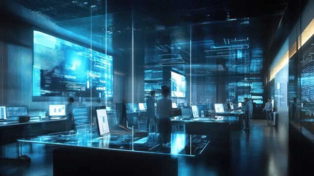 Business meeting in futuristic conference room with holographic displays