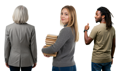 A diverse group of people including a young female student with books, an older woman from behind, and a Black man pointing. Education and learning concept.