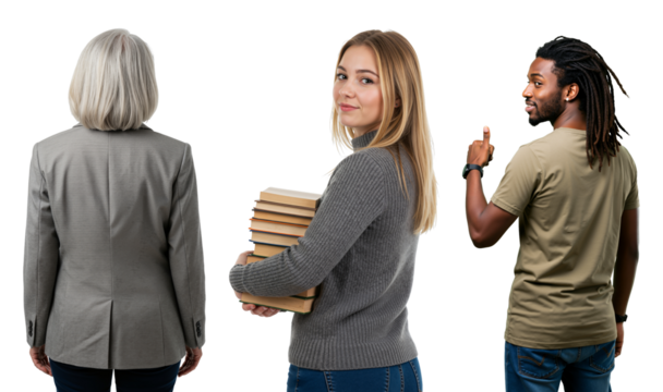 A diverse group of people including a young female student with books, an older woman from behind, and a Black man pointing. Education and learning concept.
