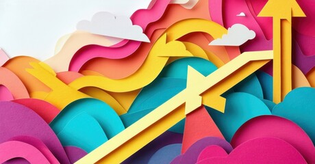 Colorful paper layers form abstract waves, arrows suggest growth, success, positive direction. Bright hues create dynamic visual impact.