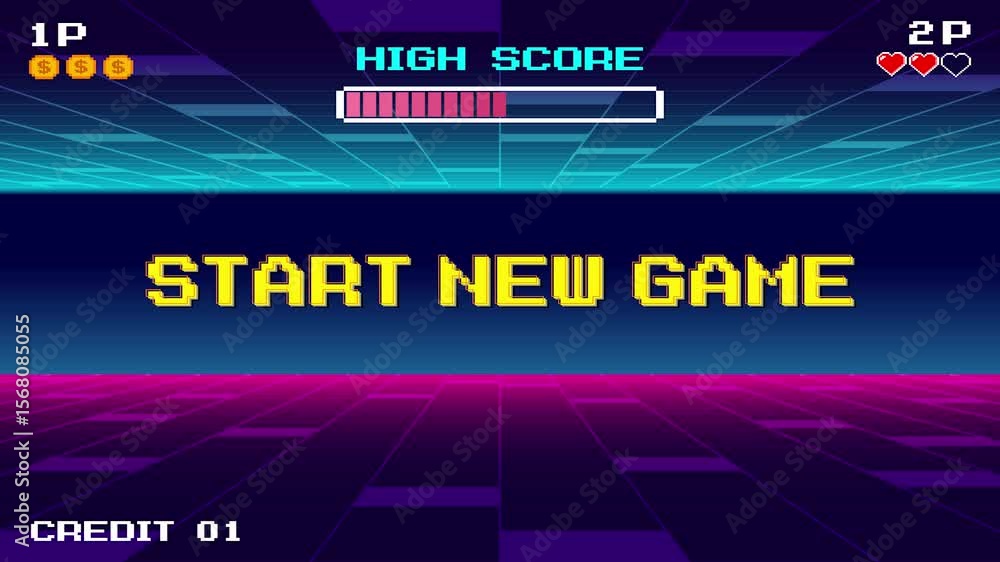 Poster start new game. pixel art .8 bit game. retro game. for game assets in vector illustrations. retro fu