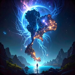 A captivating cosmic scene illustrating the interconnectedness of nature and the universe, blending beauty with surreal elements.