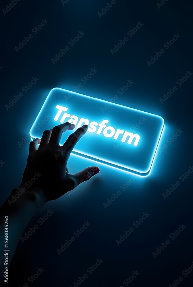 Poster a hand reaches out to touch a glowing blue button that says transform, vertical composition. the ima