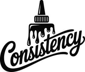 Word consistency with dripping glue bottle silhouette isolated on transparent background