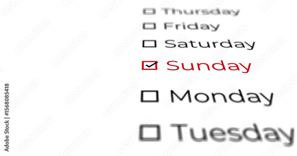 Aufkleber animated video of a list of days of the week moving forward, stopping at sunday, with space for text