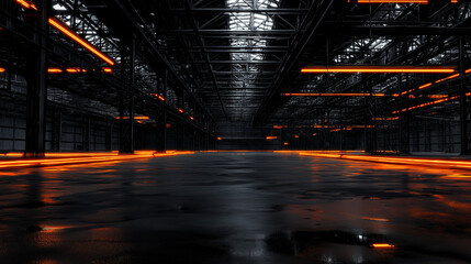 Empty dark industrial warehouse with orange lights, suitable for industrial and spooky themed designs, Halloween projects, or background for urban scenes.