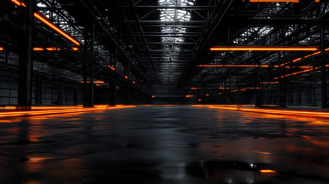 Empty dark industrial warehouse with orange lights, suitable for industrial and spooky themed designs, Halloween projects, or background for urban scenes.