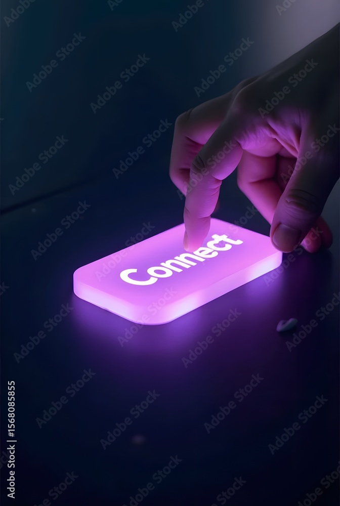 Poster a hand touches a glowing purple button with the word connect, vertical composition. the image evokes