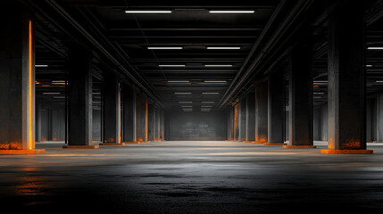 Obraz premium Empty dark garage with orange lighting perfect for dramatic, eerie, spooky, or mysterious themed projects needing an atmospheric setting.