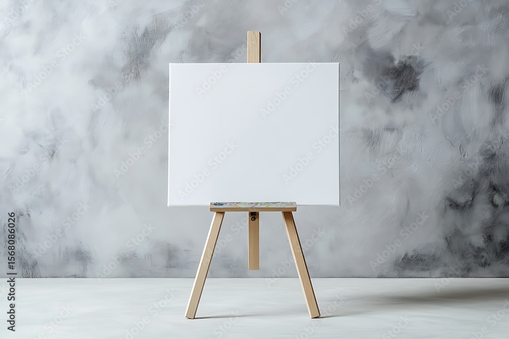Poster wooden easel with white canvas against textured gray background in studio setting