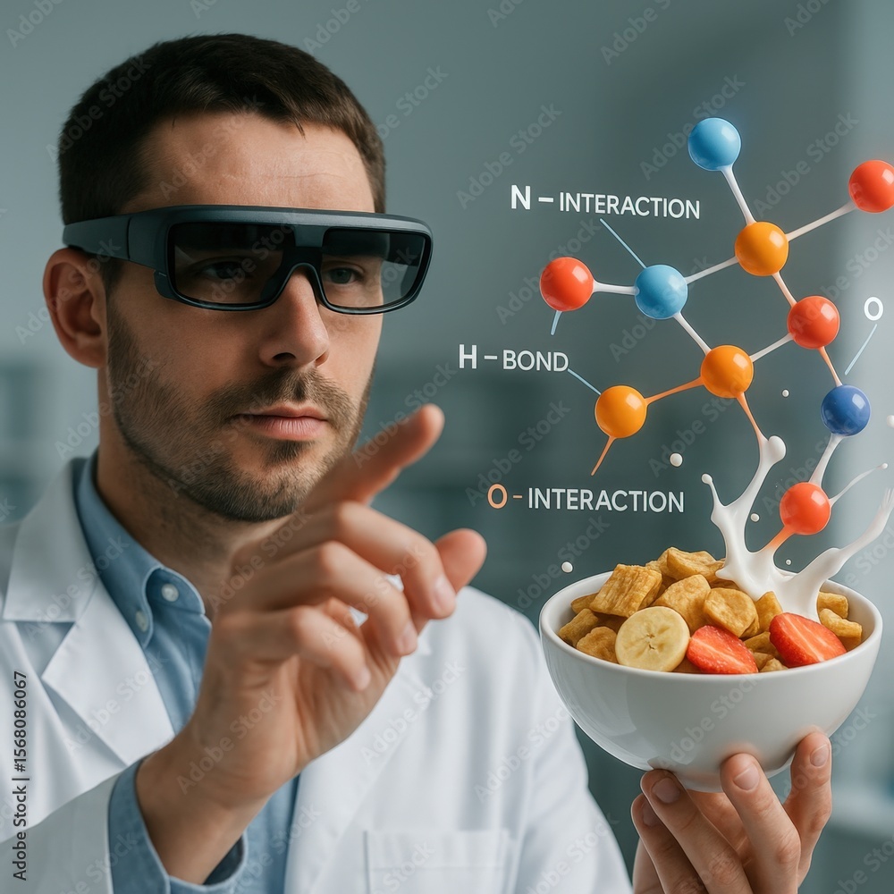 Poster scientist using augmented reality glasses to analyze cereal molecule structure in modern laboratory