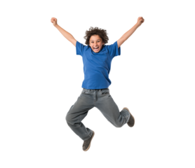 A boy wearing a blue t-shirt and grey jeans jumping for joy isolated on a transparent background