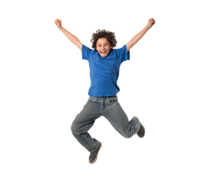 A boy wearing a blue t-shirt and grey jeans jumping for joy isolated on a transparent background