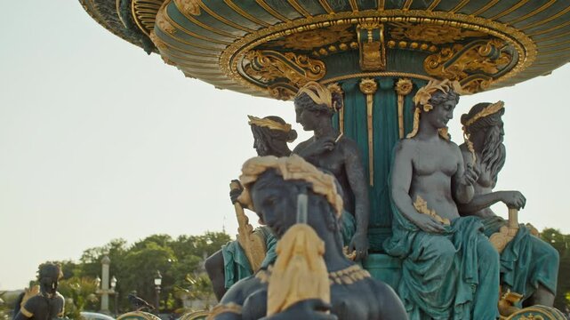 Historical fountains at Place de la Concorde Paris surrounded by stunning architecture and cityscape in the center of the French capital and popular tourist area