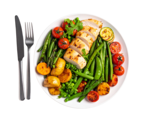  “Top View of Healthy Air-Fried Chicken and Vegetable Platter with Cutlery and Text Area, Transparent Background”