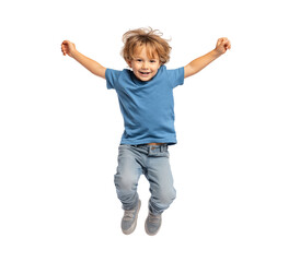 Happy boy wearing a blue t-shirt and grey jeans jumping for joy isolated on a transparent background